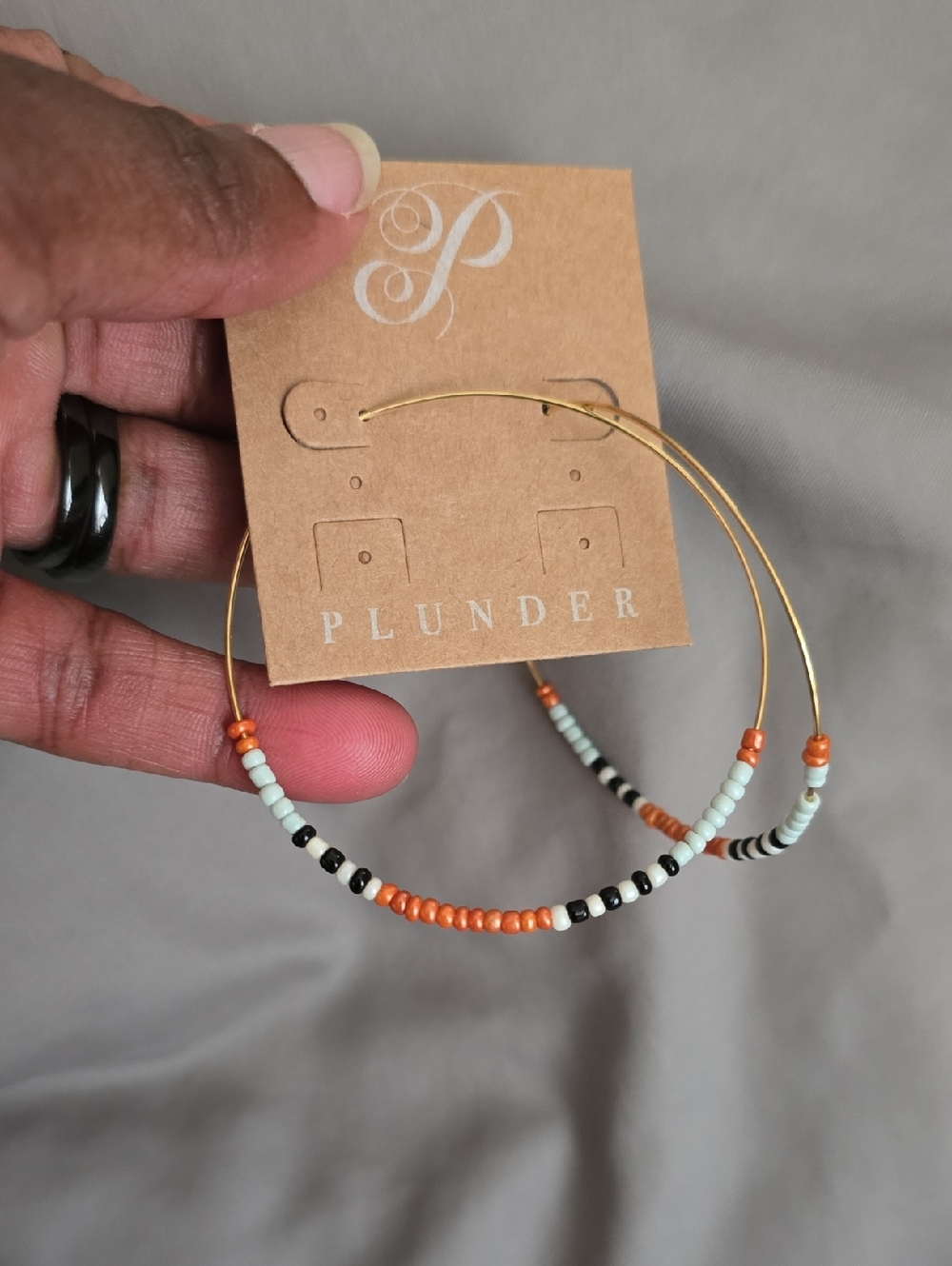 Plunder Gold Hoop Earrings with Orange, Black & Mint Beads